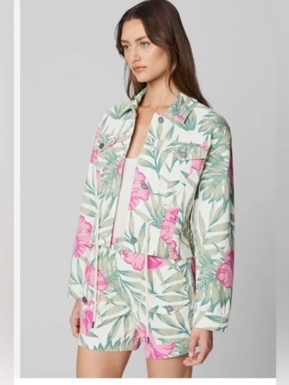 Blank NYC White Floral Print Jean Jacket with Pink & Green Hawiian M